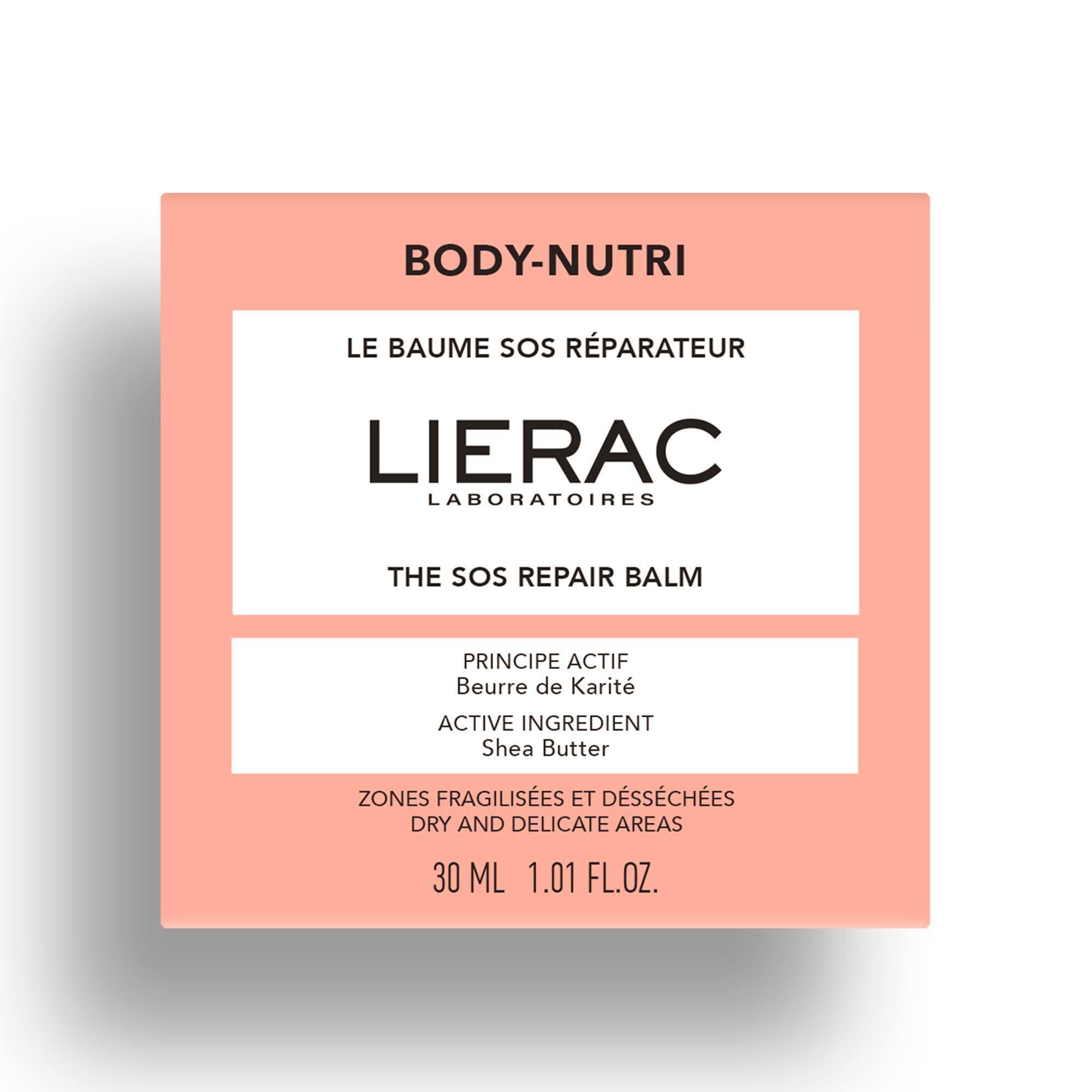 Pot Lierac Body Nutri+ Baume SOS Réparateur 30ml. Contient du beurre de karité.