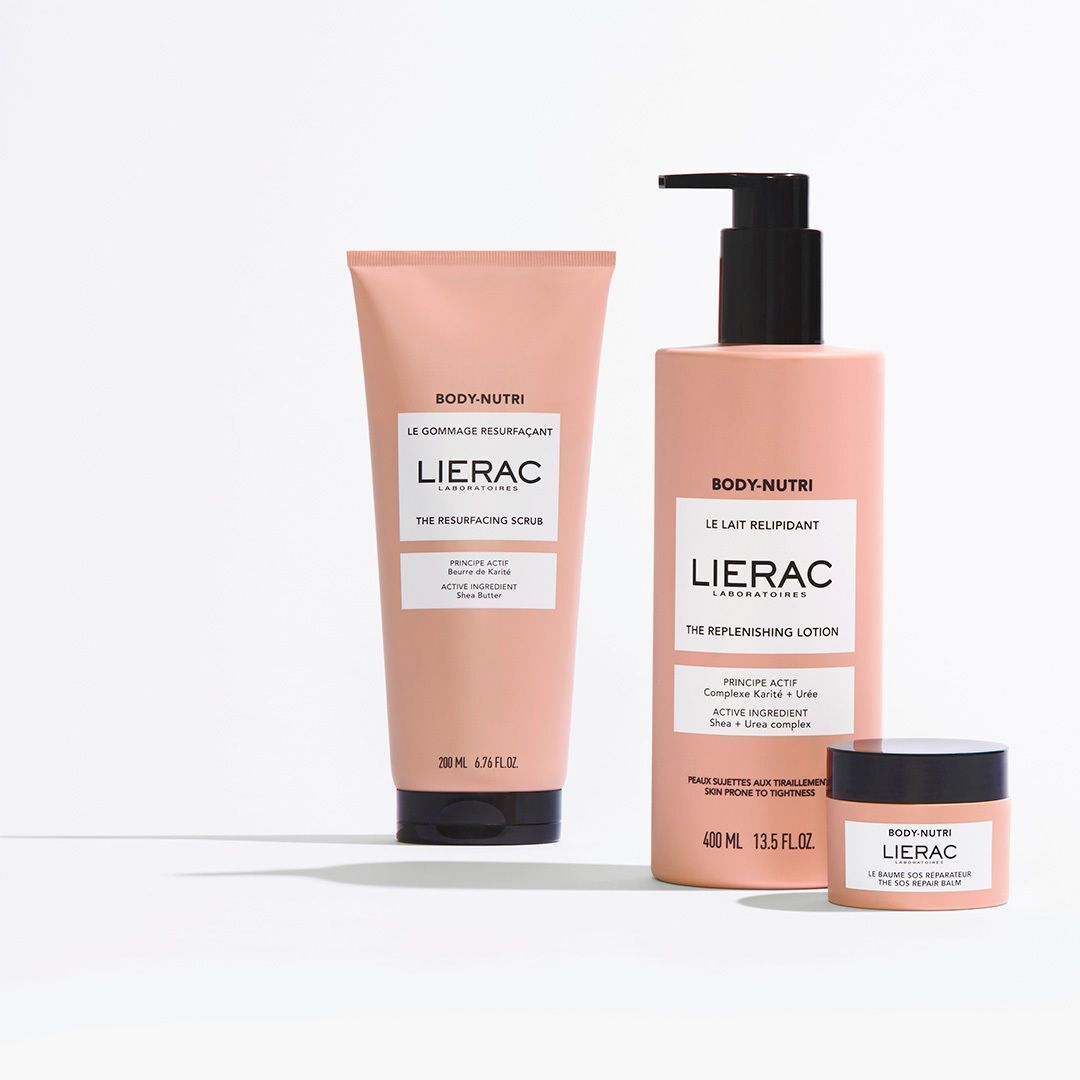 Ensemble Lierac Body Nutri+ : Gommage, Lotion et Baume SOS Réparateur.