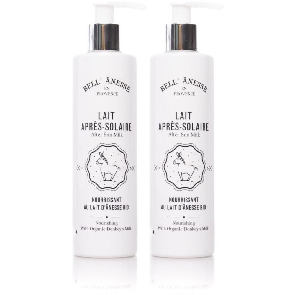 Deux flacons pompe blancs Bell' Anesse Lait Après-Solaire. Au Lait d'ânesse.