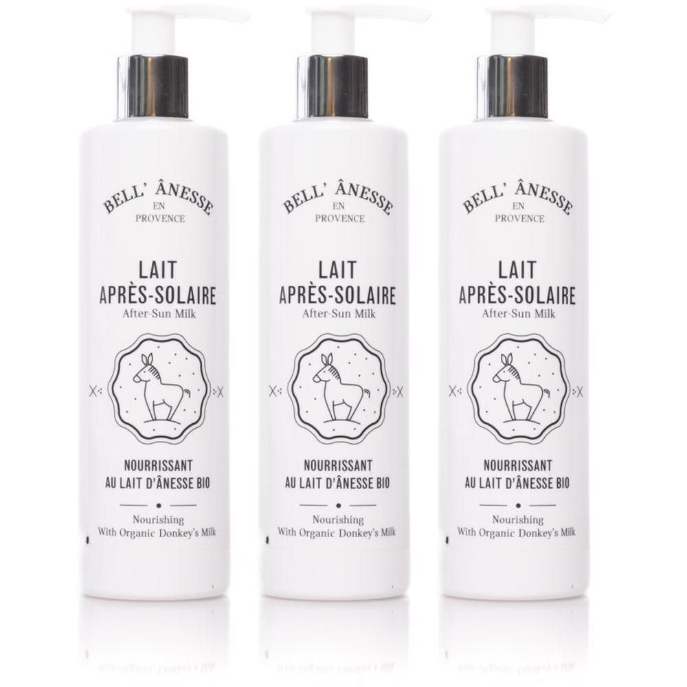 Trois flacons pompe blancs de Lait Après-Solaire, Bell' Anesse.