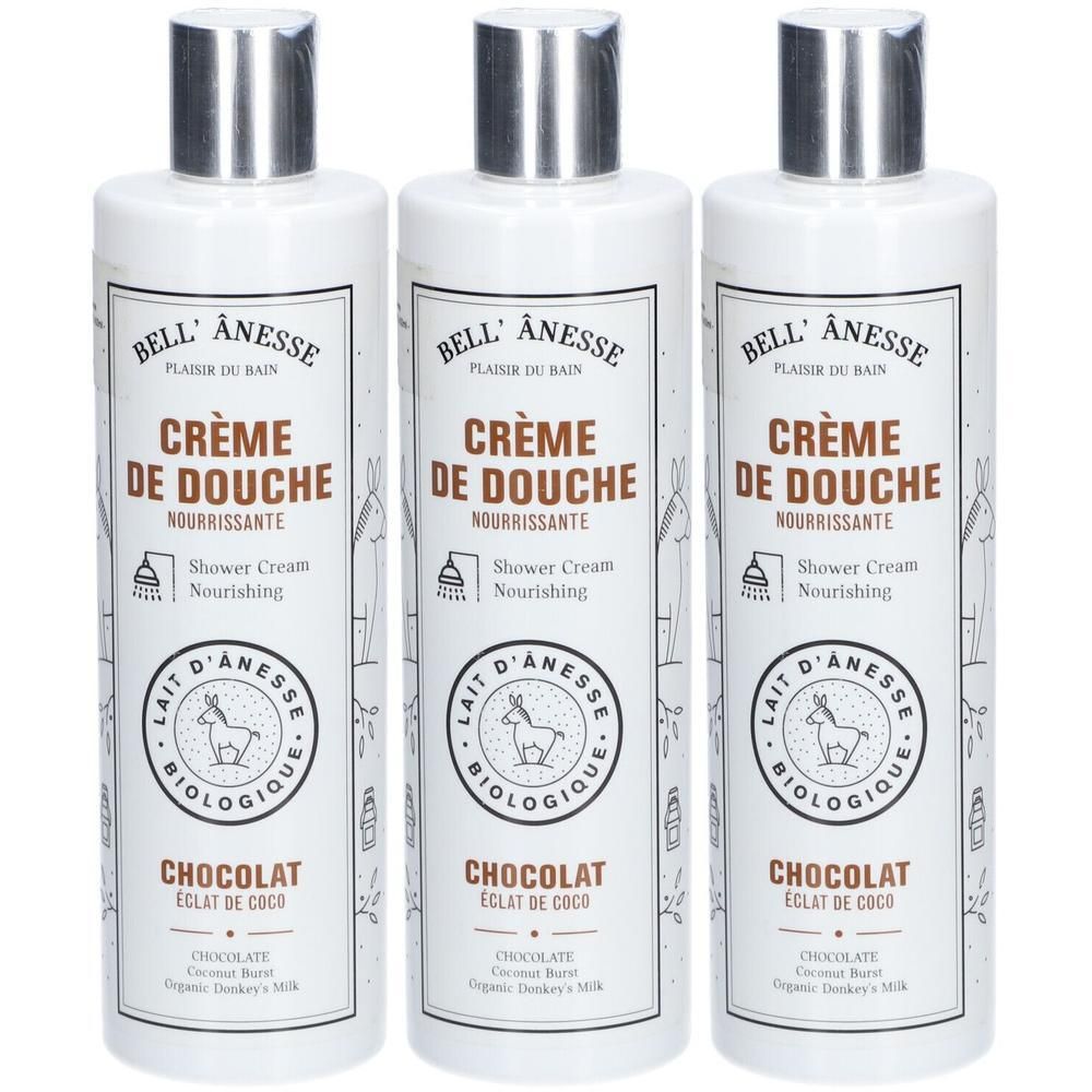 Trois bouteilles de Crème de Douche Bell'Ânesse Chocolat Éclat de Coco.