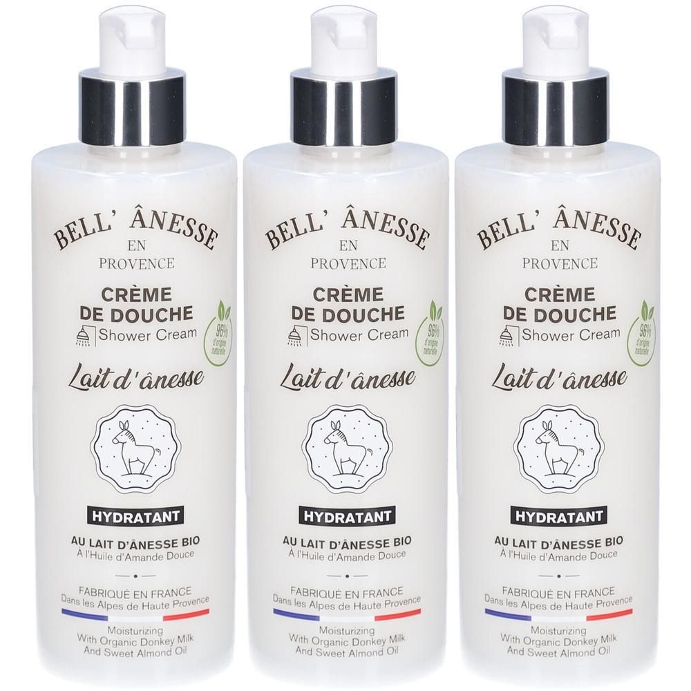 Drie flessen Bell' Ânesse Douchecrème met ezelinnenmelk en amandelolie. Hydraterend.