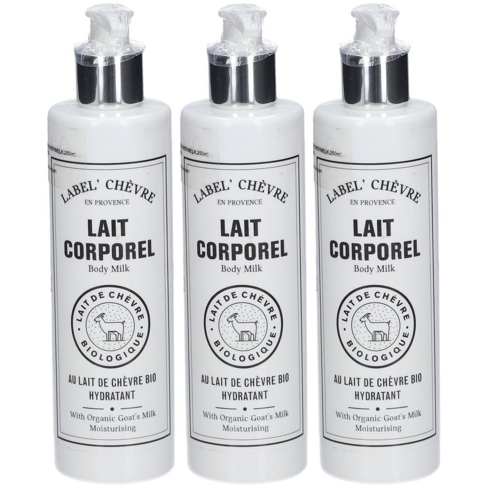 Drie witte flessen hydraterende lichaamsmelk van Label Chèvre, met geitenmelk.