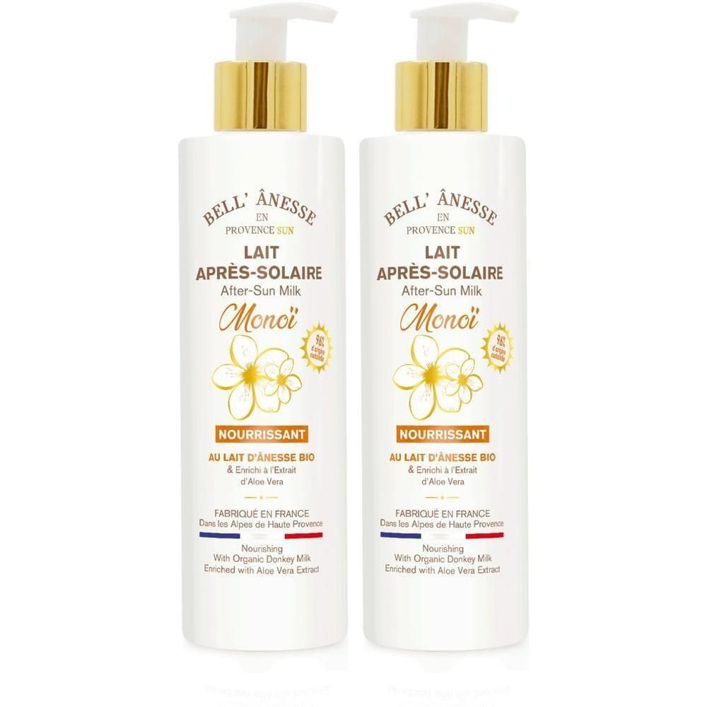 Deux flacons Bell' Ânesse Lait Après-Solaire Nourrissant au Monoï avec pompes.