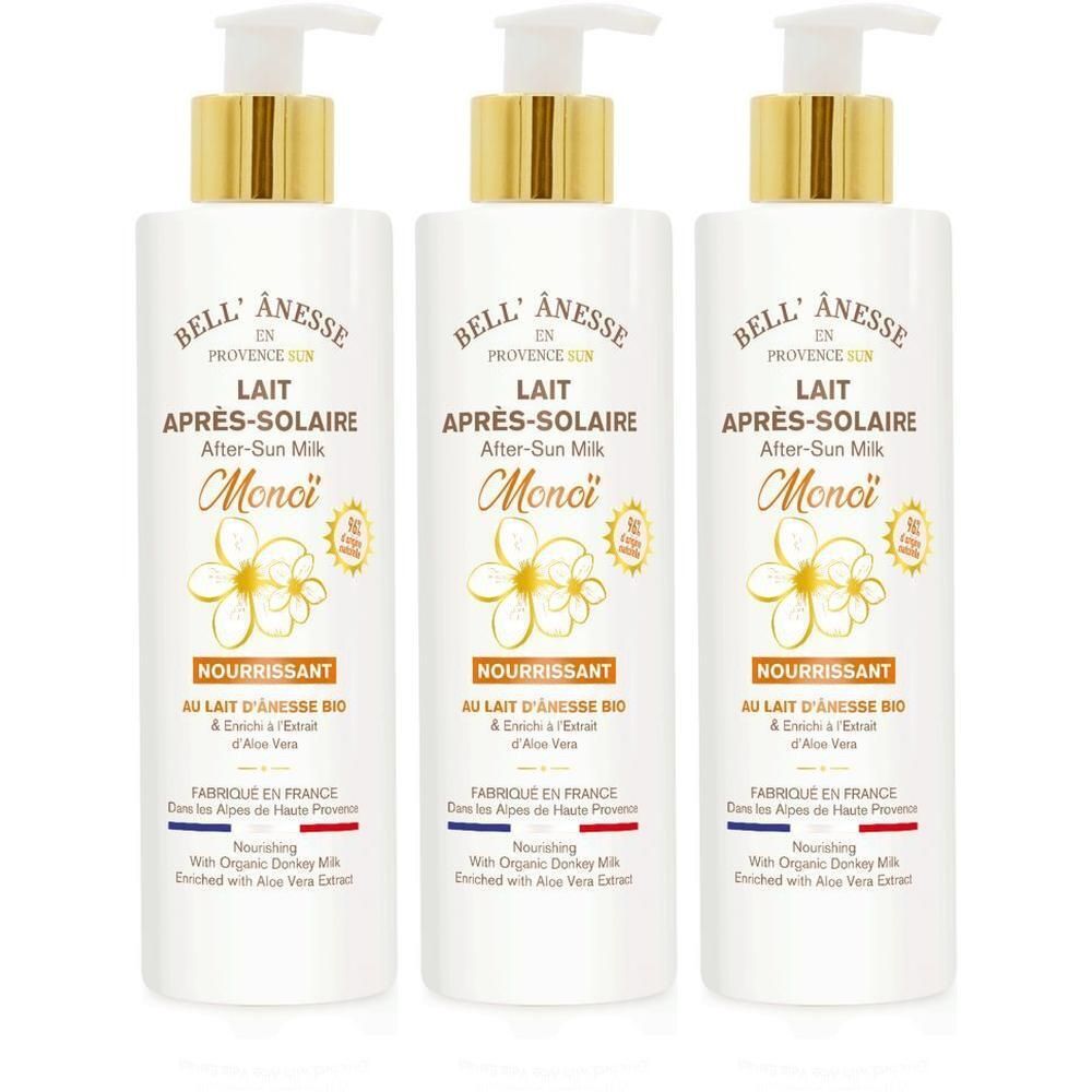 Drie flessen Bell' Anesse After-Sun Melk met Monoi. Witte flessen met gouden pompen.