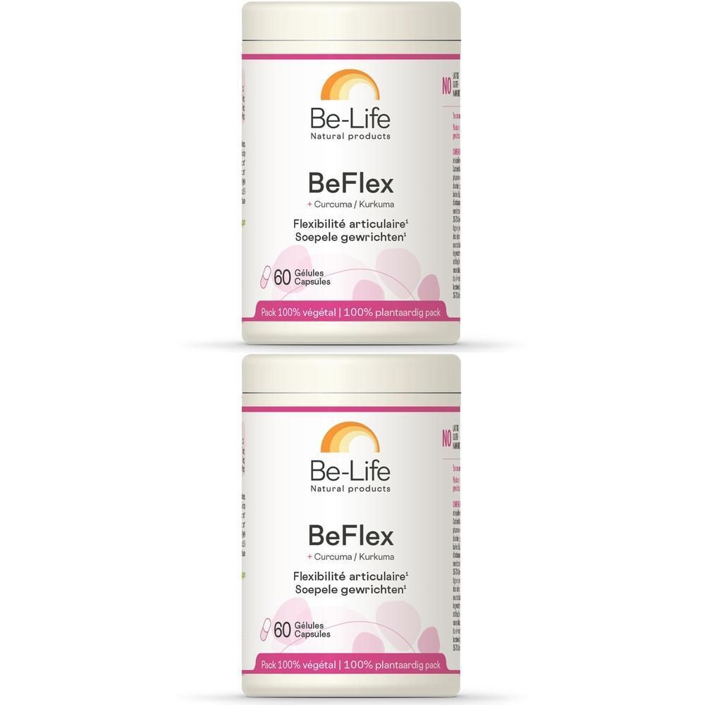 Twee Be-Life BeFlex potten van 60 capsules. Bevat kurkuma voor gewrichtsflexibiliteit.