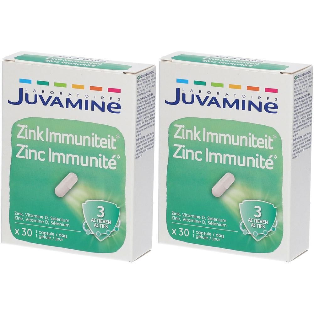 Twee pakken Juvamine Zink Immuniteit, elk 30 capsules. Bevat Zink, Vitamine D, Selenium.