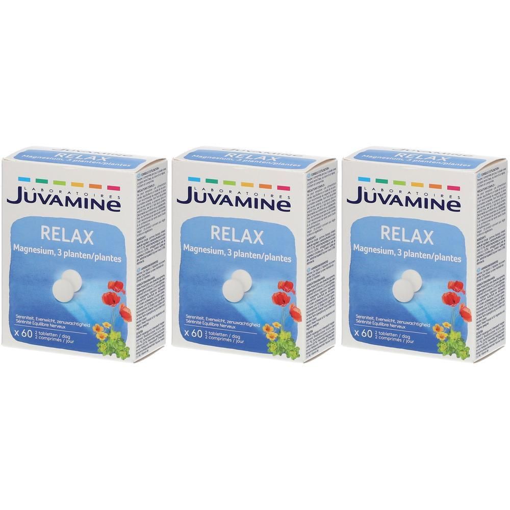 Drie pakken Juvamine Relax tabletten met magnesium en 3 planten. Elk pak bevat 60 tabletten.