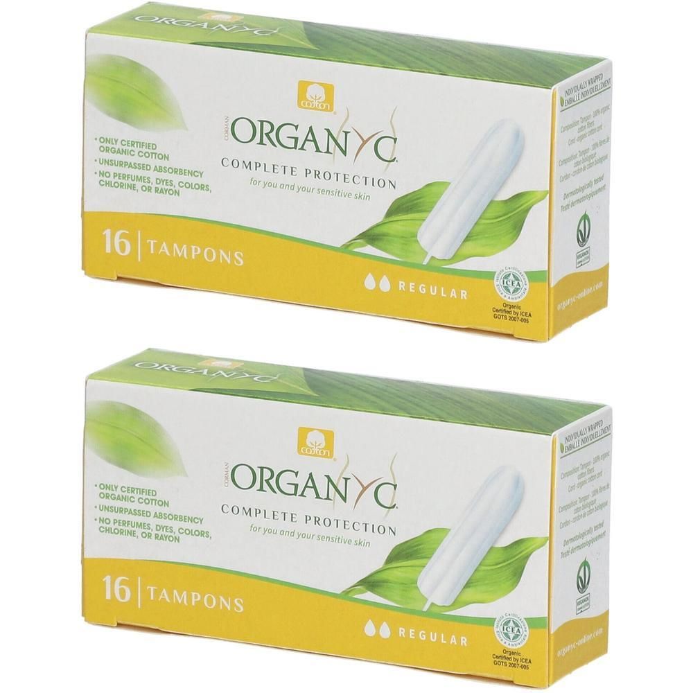 Deux boîtes de tampons Organyc, Regular, 16 par boîte. En coton bio.