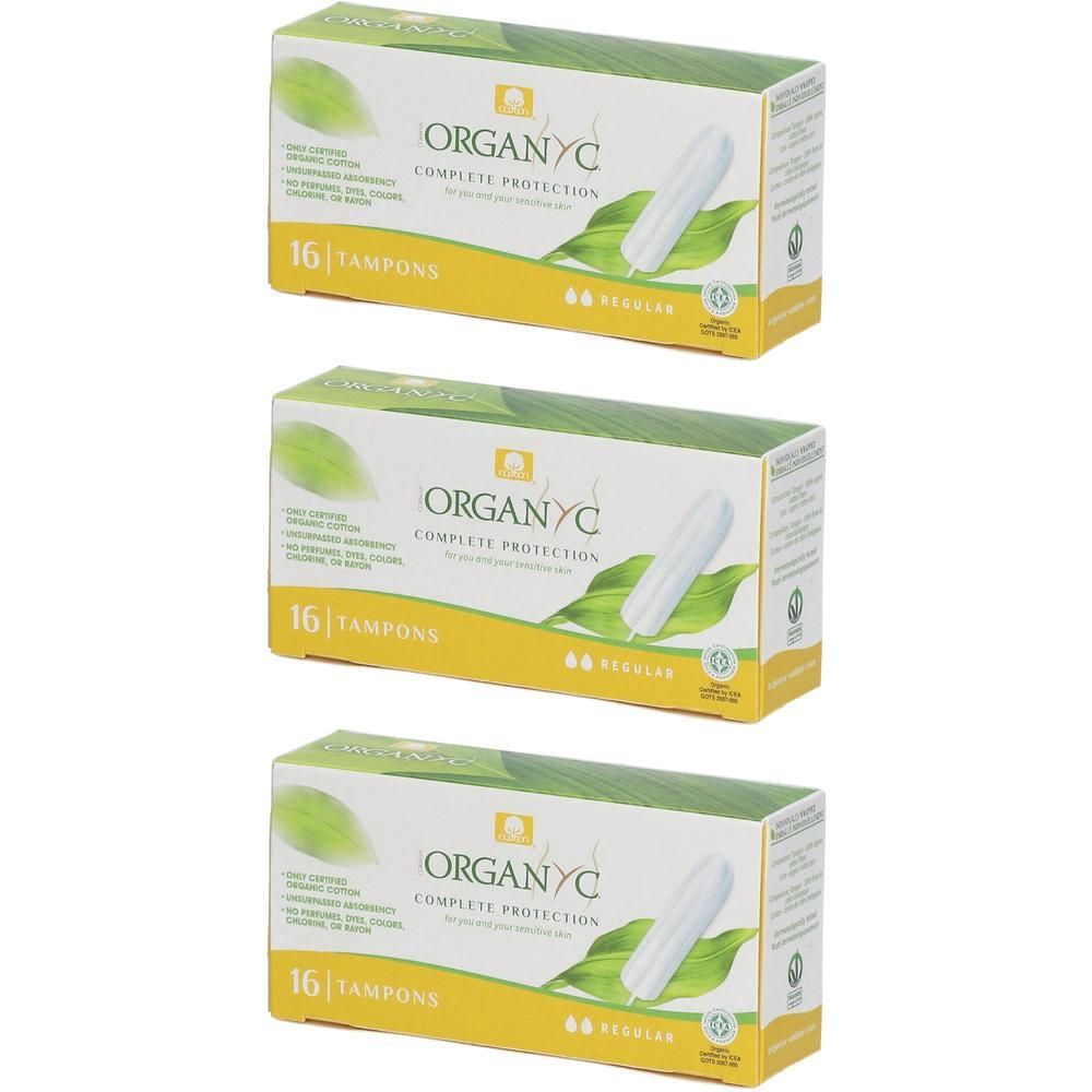 Trois paquets de tampons Organyc Complete Protection Regular, 16 tampons chacun.