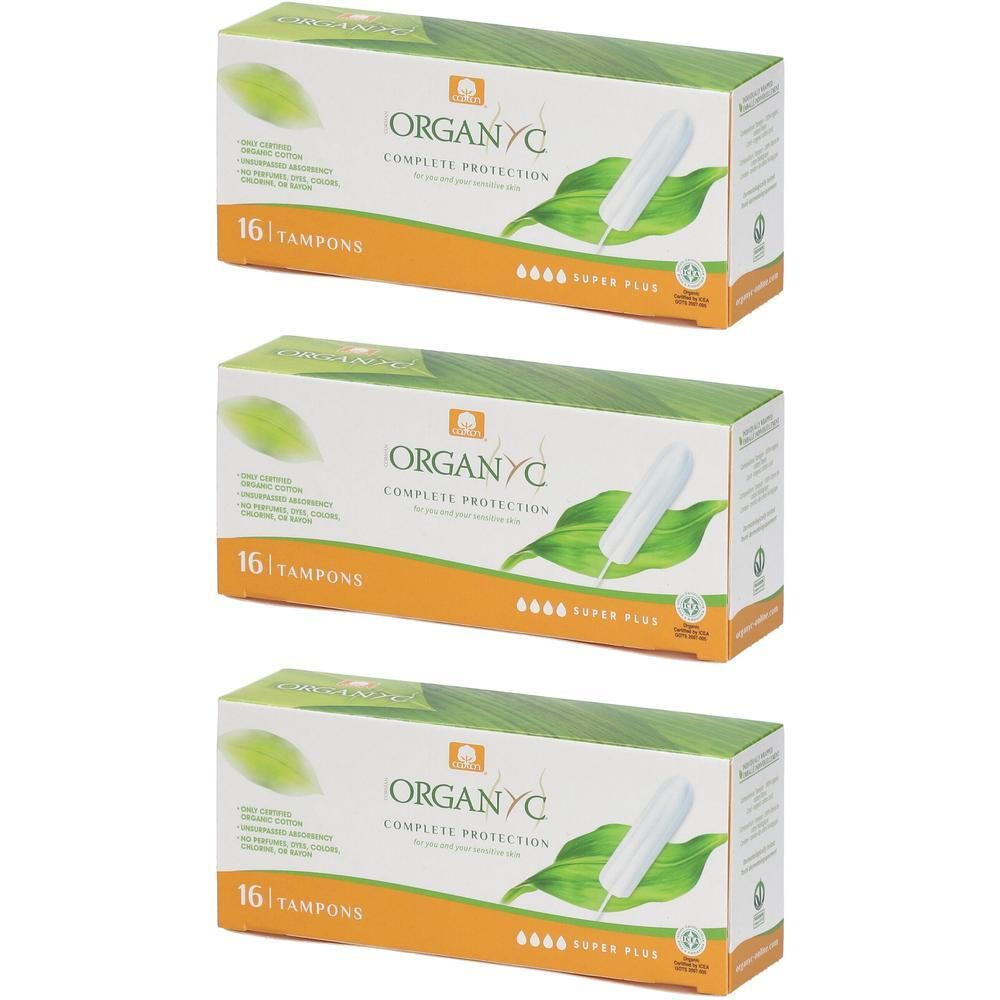 Drie pakken Organyc® Tampons Complete Protection Super Plus, 16 tampons per pak.