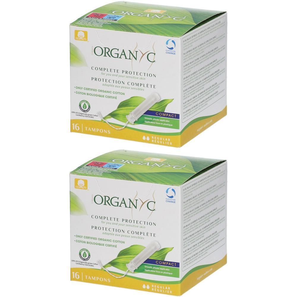Twee pakken Organyc Tampons Complete Protection Compact Regular, 16 tampons per pak.