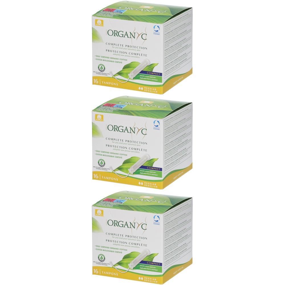 Trois paquets de tampons Organyc Complete Protection, Regular.