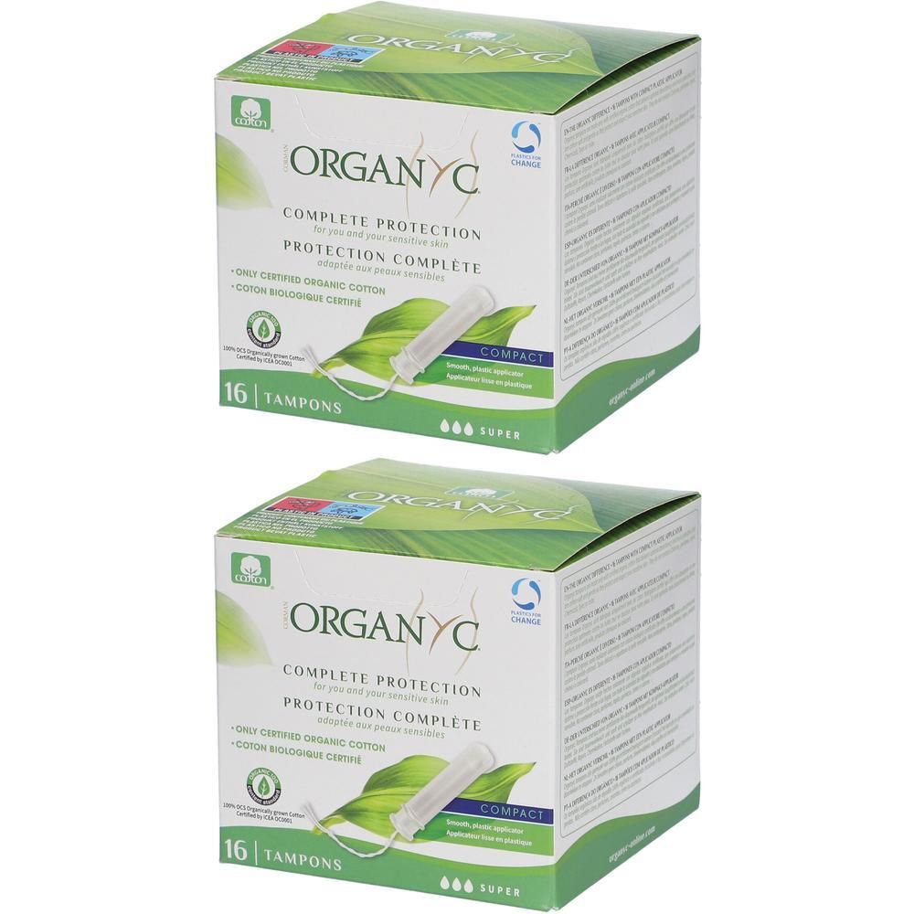 Twee pakken Organyc Tampons Complete Protection Compact Super, 16 stuks per pak.
