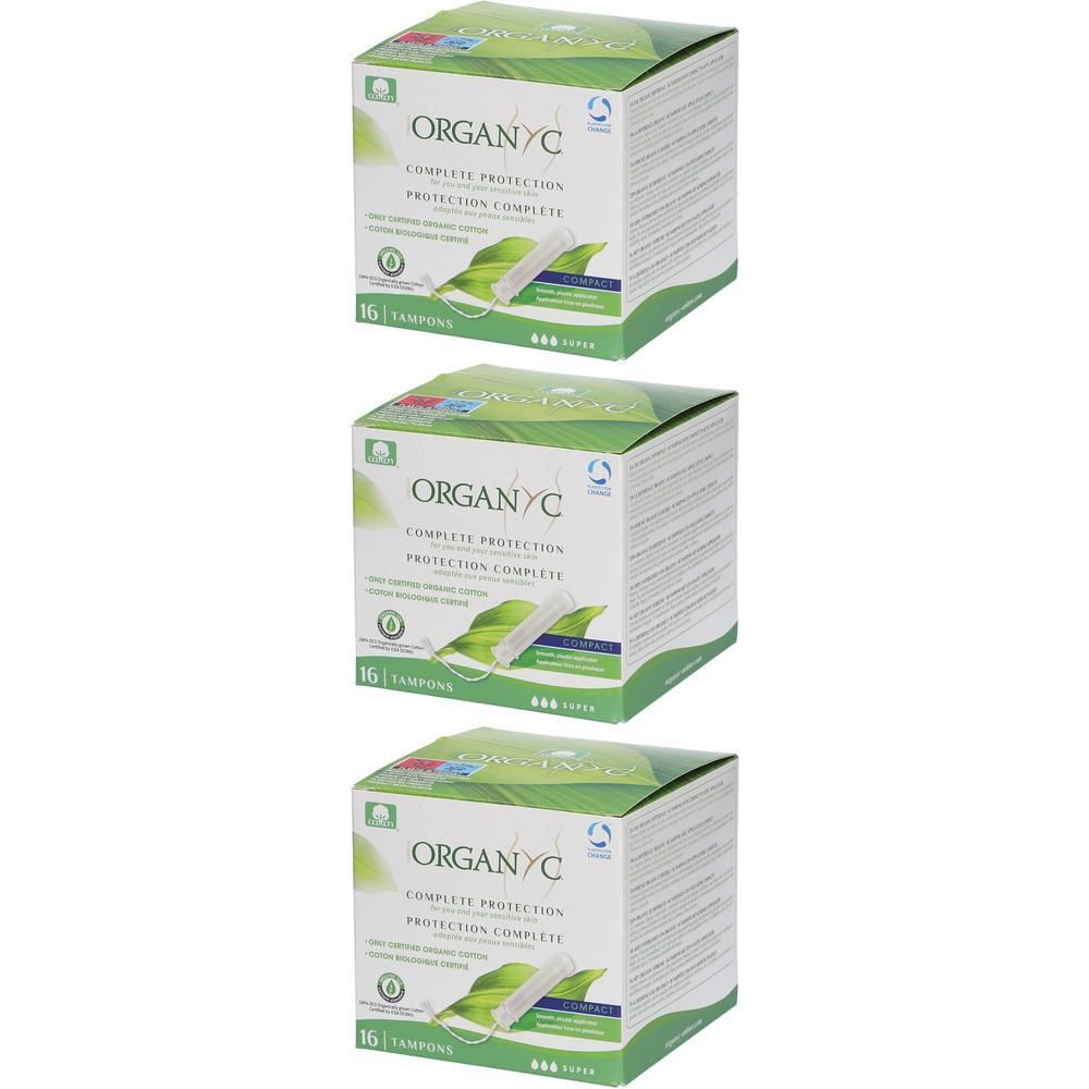 Drie dozen Organyc Tampons Complete Protection Compact Super, 16 stuks per doos.