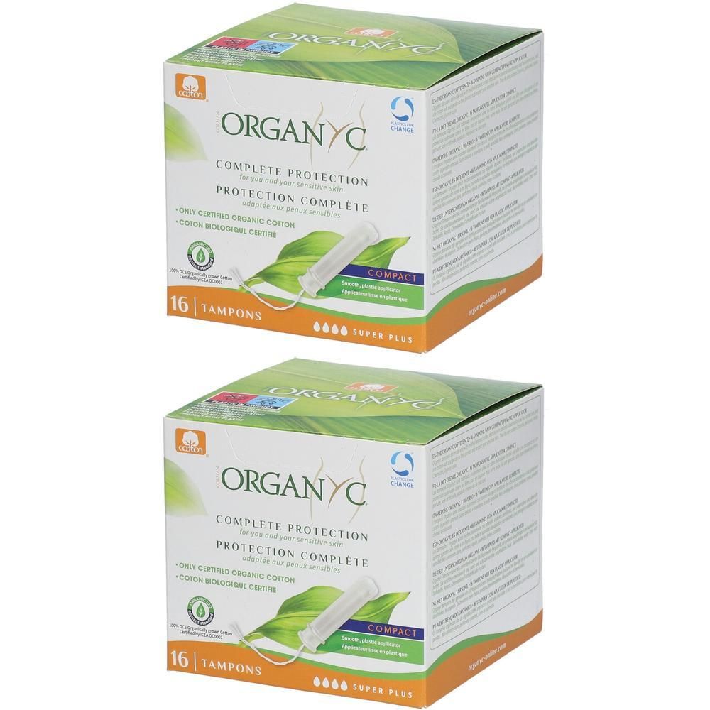 Deux boîtes de tampons Organyc Super Plus Compact, 16 tampons par boîte.