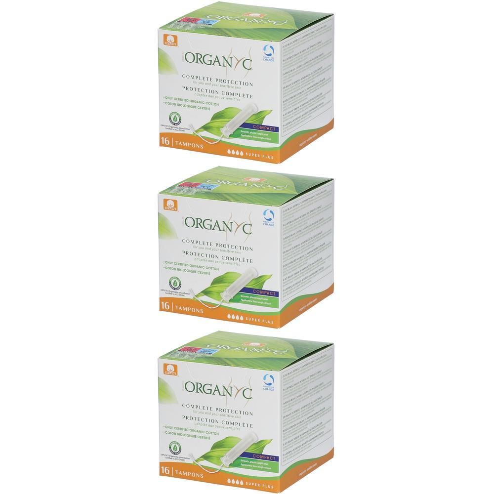Drie dozen Organyc Tampons Super Plus, 16 stuks per doos.