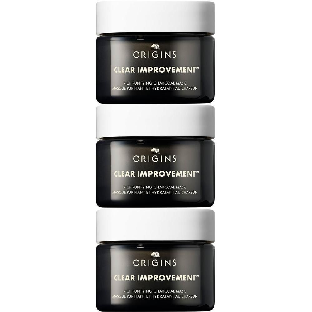 Trois pots de masque Origins Clear Improvement au charbon.