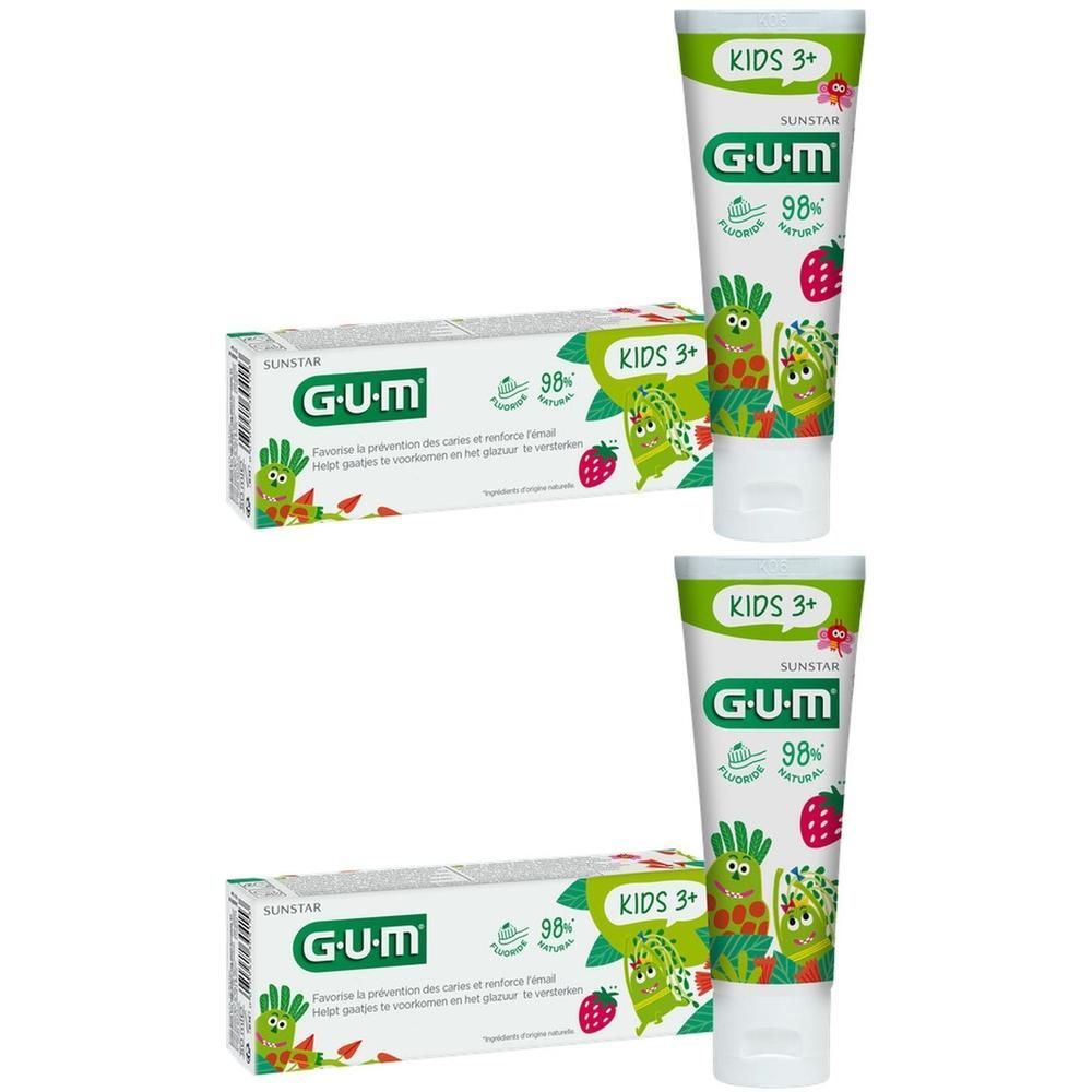 Deux tubes et boîtes de dentifrice GUM Kids avec des personnages de fruits et légumes.