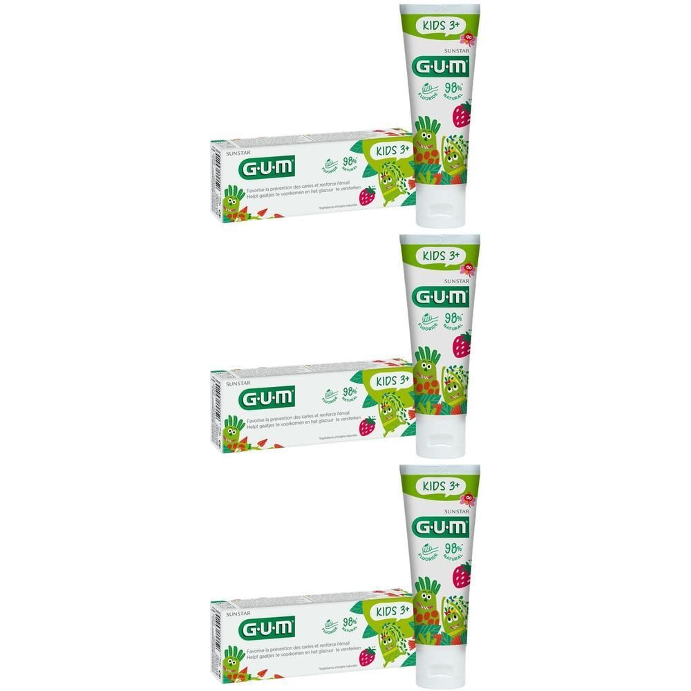 Trois tubes et boîtes de dentifrice GUM Kids saveur fraise avec des personnages mignons.