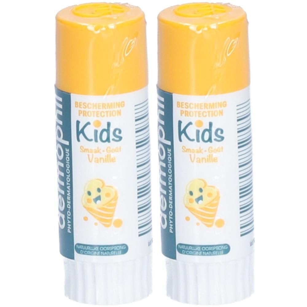 Deux sticks baume à lèvres Dermophil Kids Vanille avec capuchons jaunes.