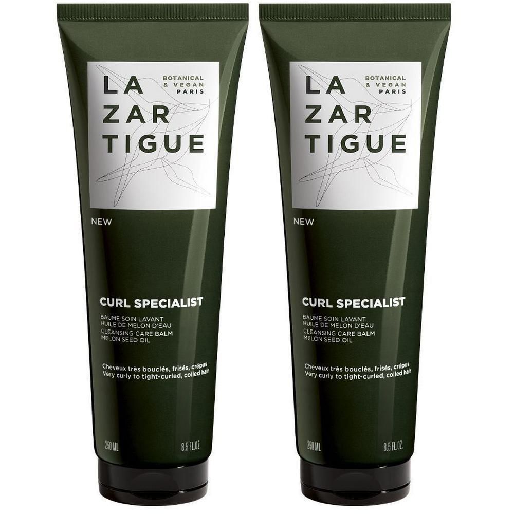Twee flacons Lazartigue Curl Specialist reinigingsbalsem met meloenolie.