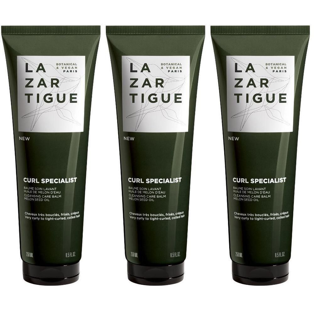 Drie tubes Lazartigue Curl Specialist Cleansing Care Balm met watermeloenolie.