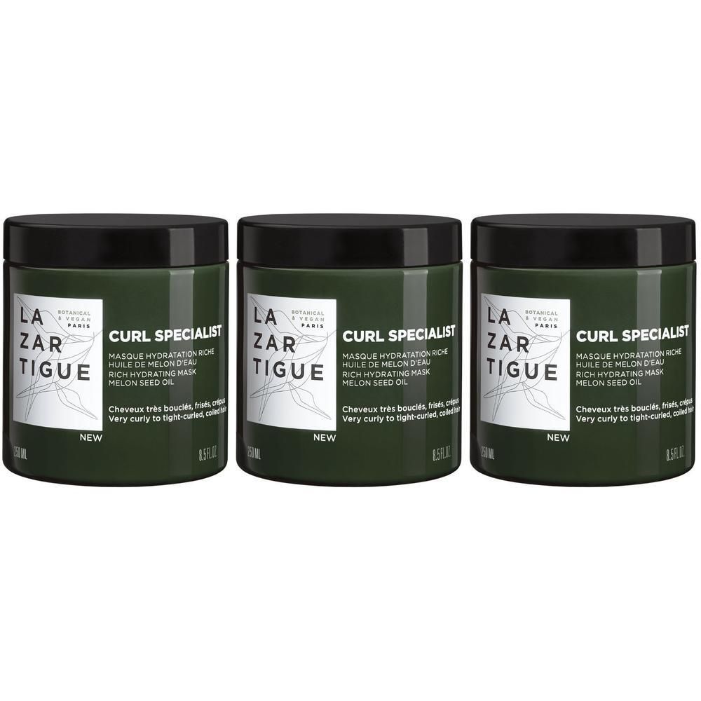 Drie groene potjes met zwarte deksel, Lazartigue Curl Specialist Masker.
