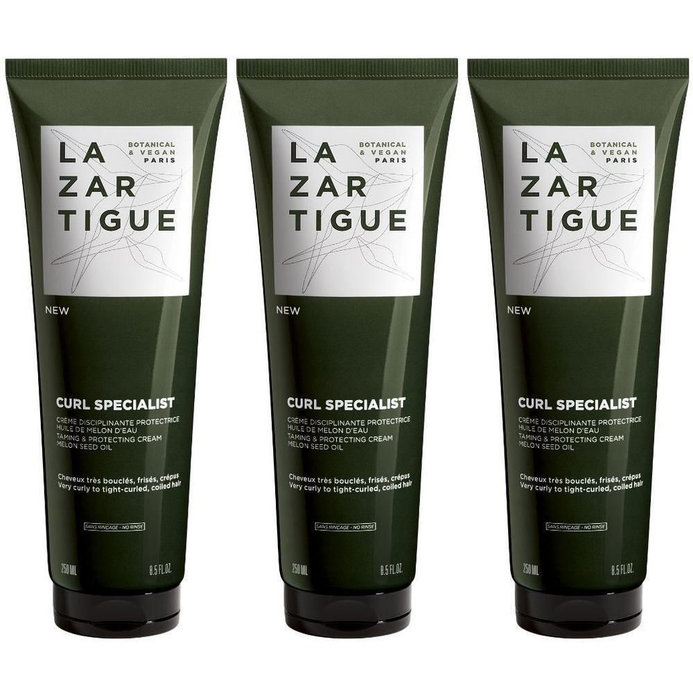 Trois tubes de crème disciplinante protectrice Curl Specialist Lazartigue à l'huile de melon.