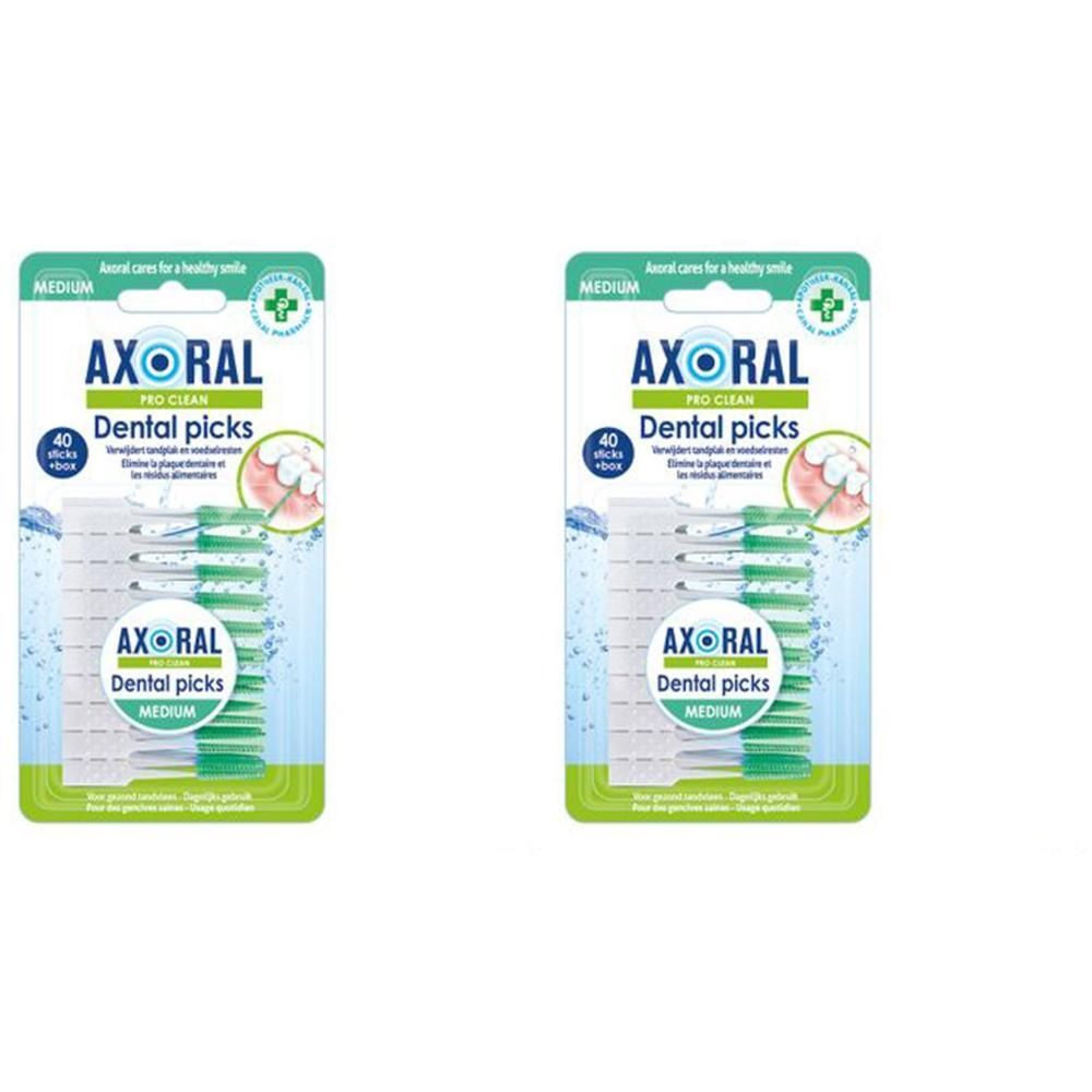 Axoral Pro Clean Dental Picks Medium : Deux paquets de 40 brossettes interdentaires.