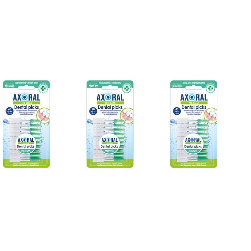 Trois paquets de Cure-dents Axoral Pro Clean Medium, 40 pièces chacun.