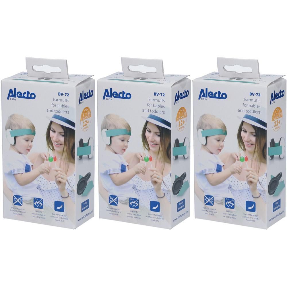Drie pakken Alecto Baby gehoorbeschermers voor baby's en peuters. Blauw en wit.