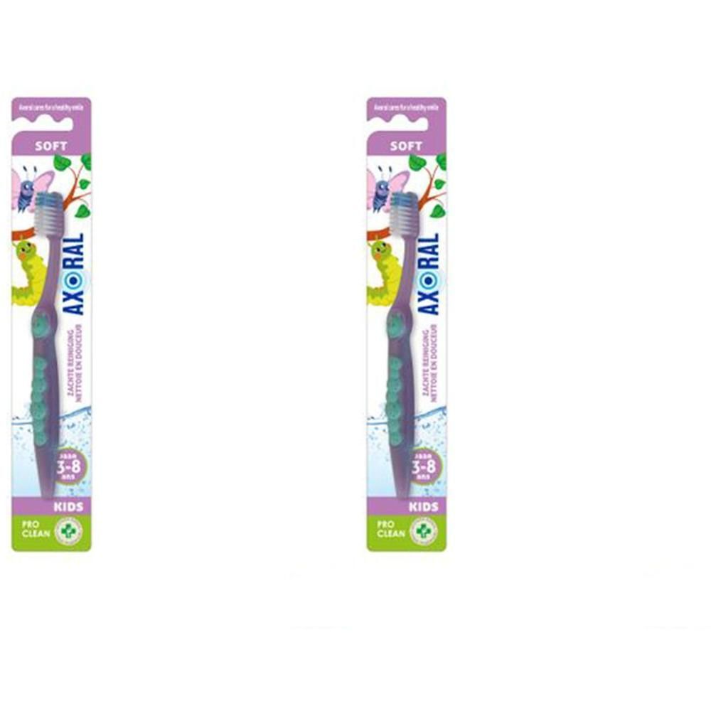 Axoral tandenborstel voor kinderen 3-8 jaar, Soft, paars met groene accenten.