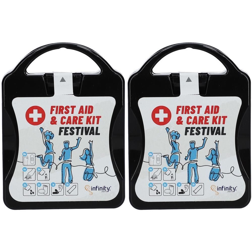 Twee zwarte EHBO-kits met de tekst 'First Aid & Care Kit Festival'.