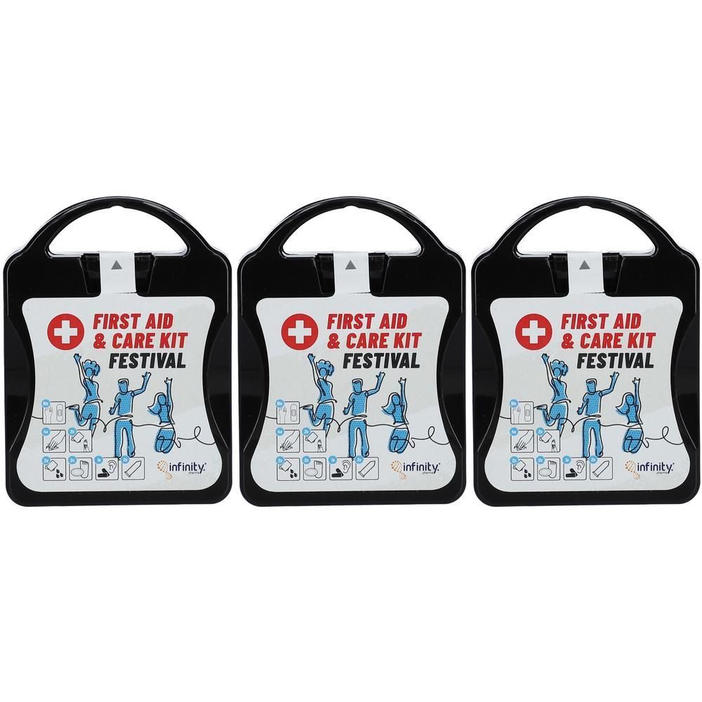 Trois trousses de premiers secours compactes pour festivals, portant l'inscription 'First Aid & Care Kit Festival'.