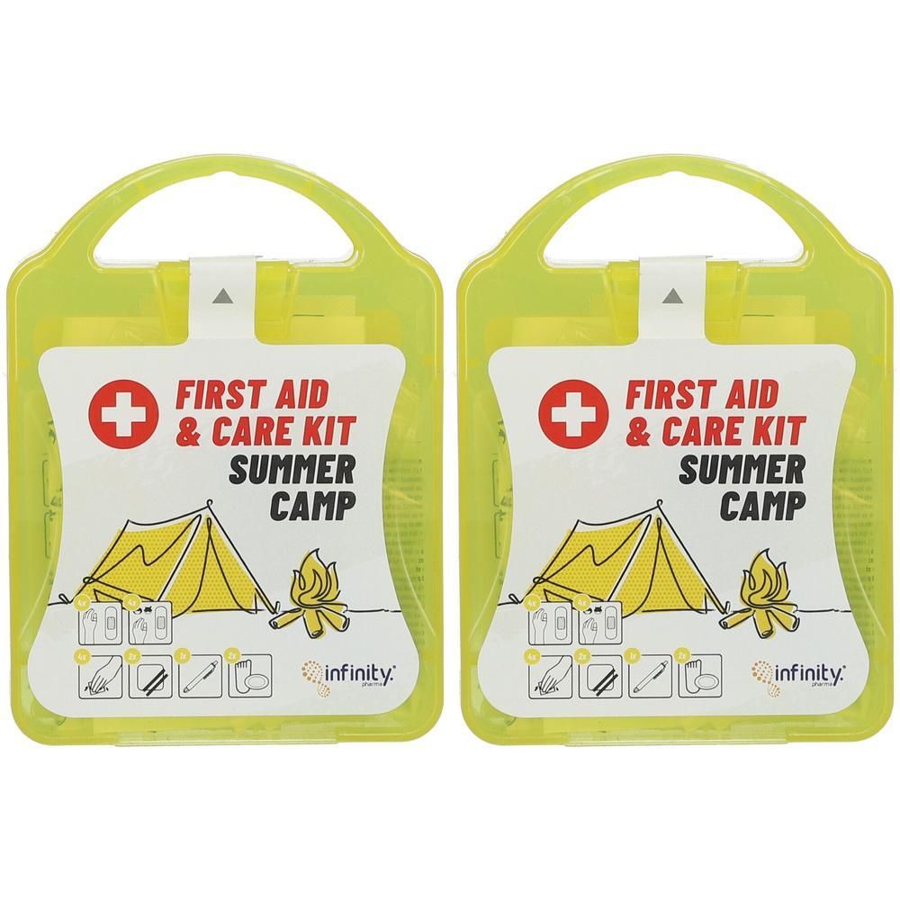Twee EHBO-kits voor zomerkamp met tent- en kampvuursymbolen.