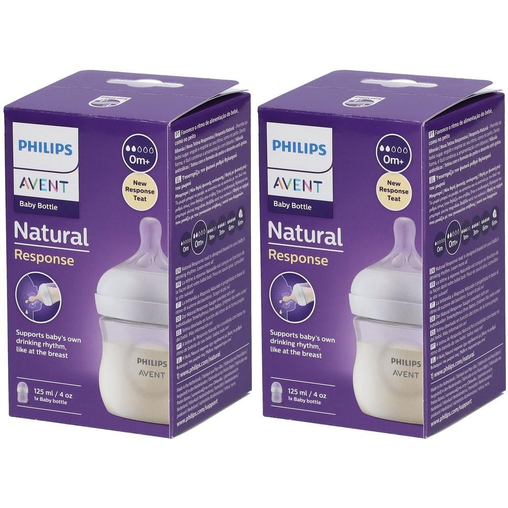 Deux biberons Philips Avent Natural Response (125ml) dans leurs boîtes violettes.