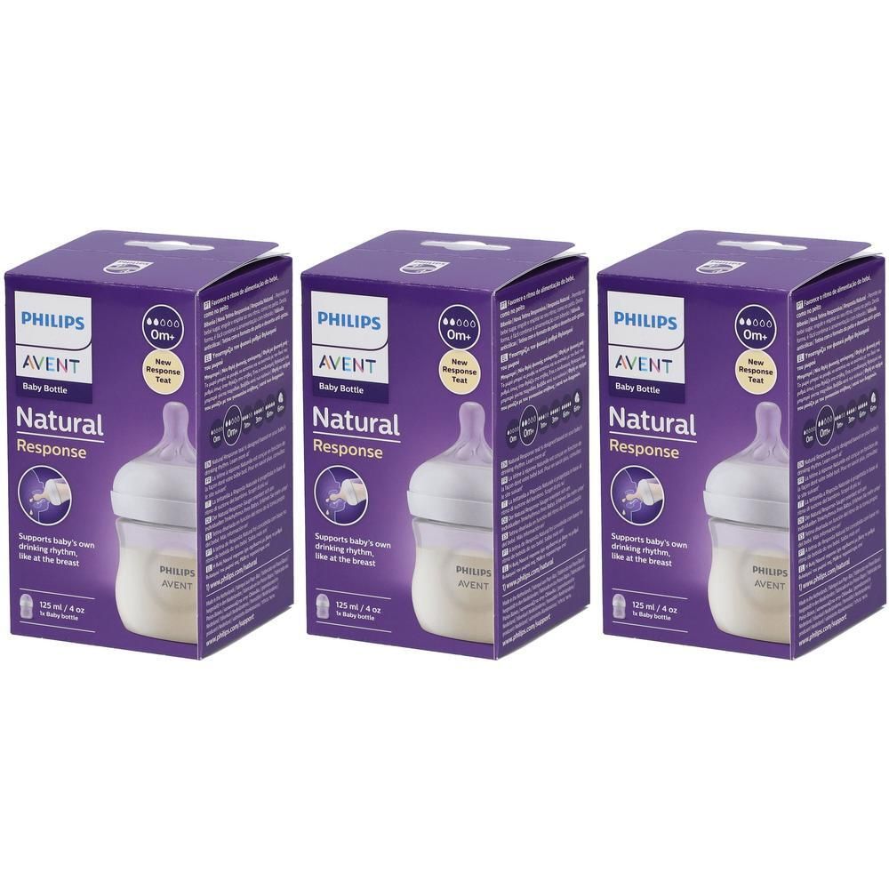 Trois biberons Philips Avent Natural Response dans leur emballage violet.