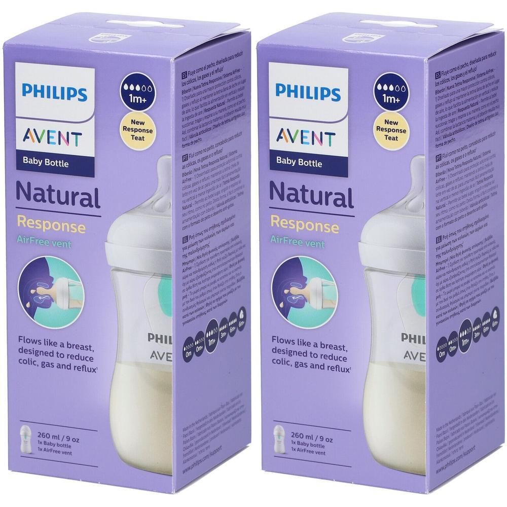Deux biberons Philips Avent Natural Response avec valve AirFree, 260 ml.