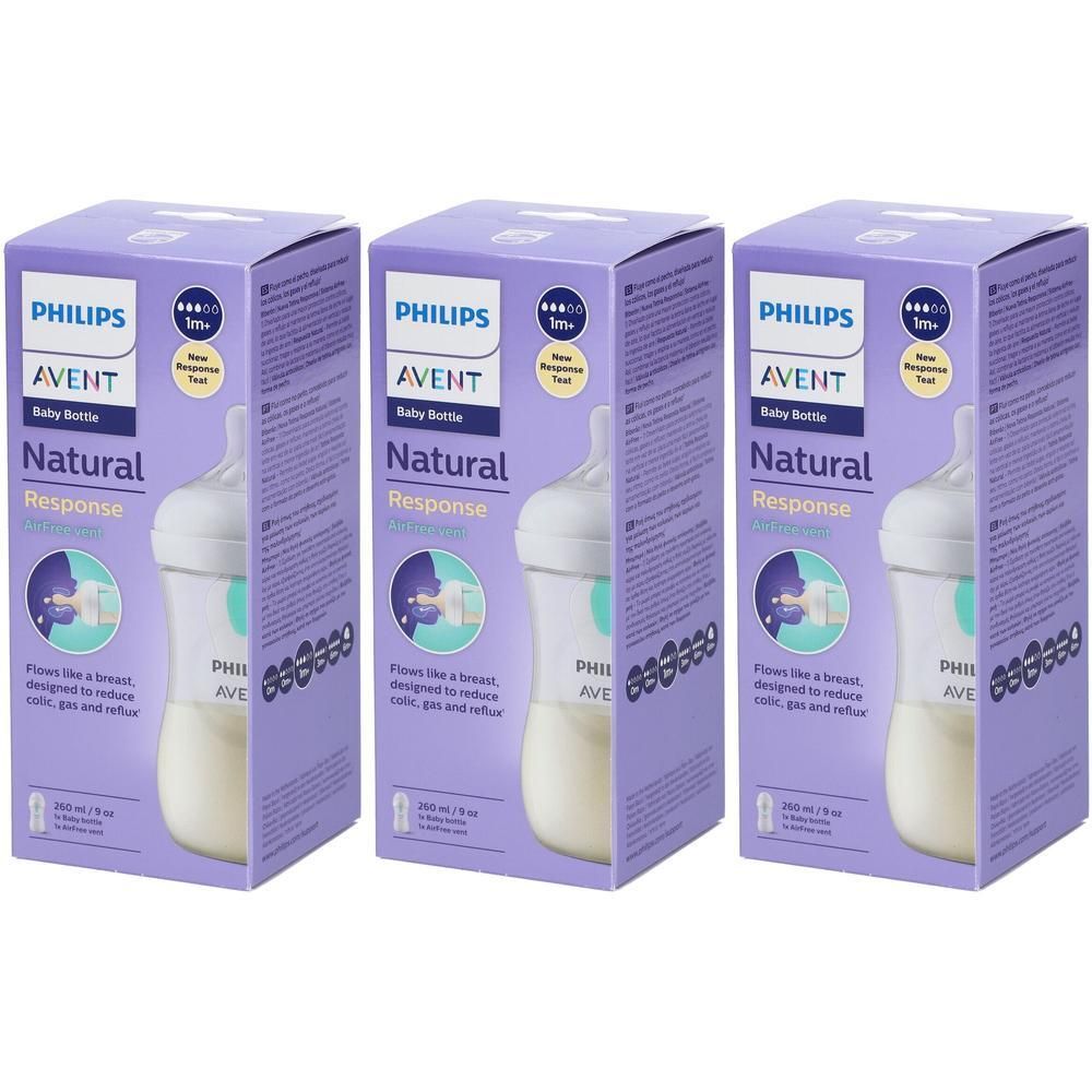Trois emballages de biberons Philips Avent Natural avec valve AirFree. Boîtes violettes montrant une bouteille et des informations sur le produit.