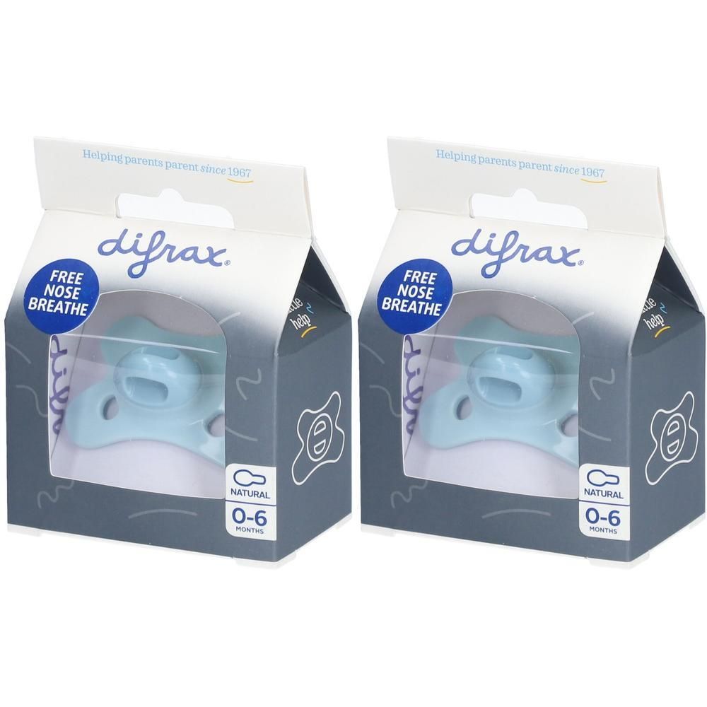 Deux sucettes Difrax bleu clair, 0-6 mois, avec inscription "Free Nose Breathe".