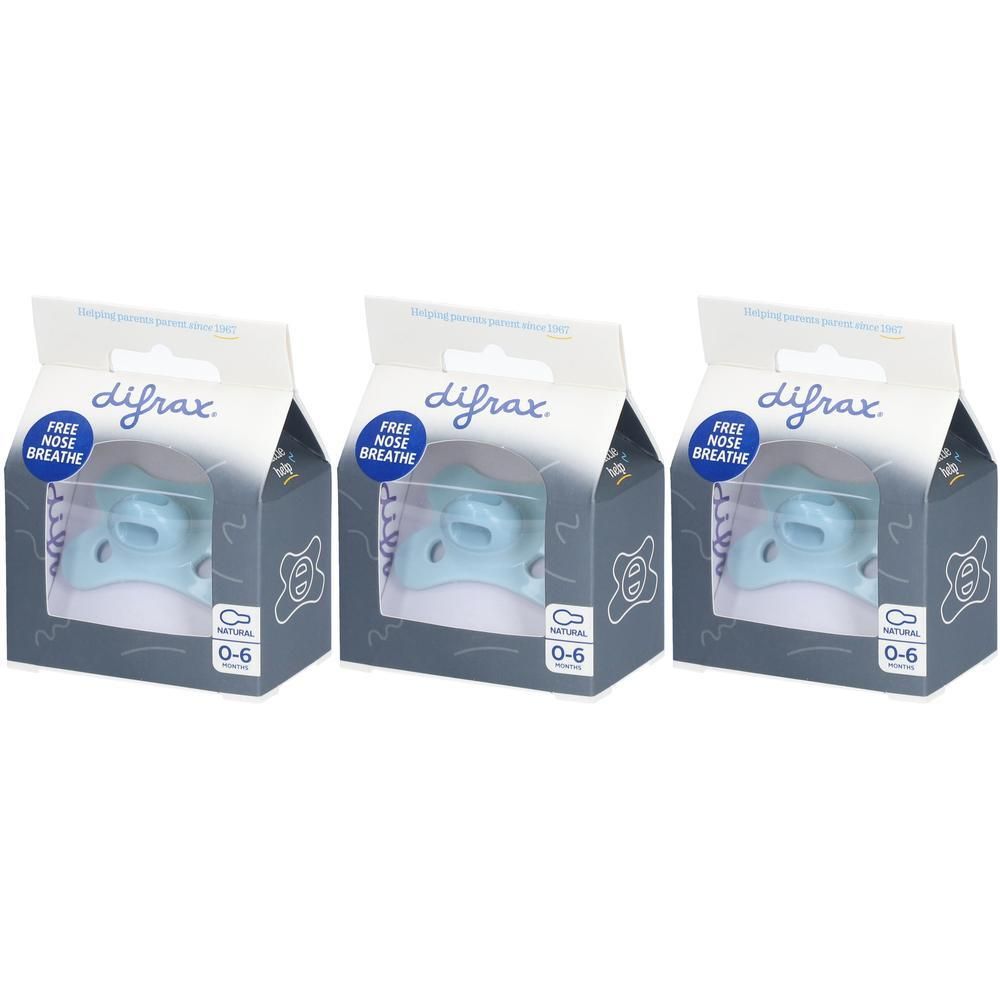 Trois paquets de sucette Difrax, bleu, pour 0-6 mois. Inscription "Free Nose Breathe".
