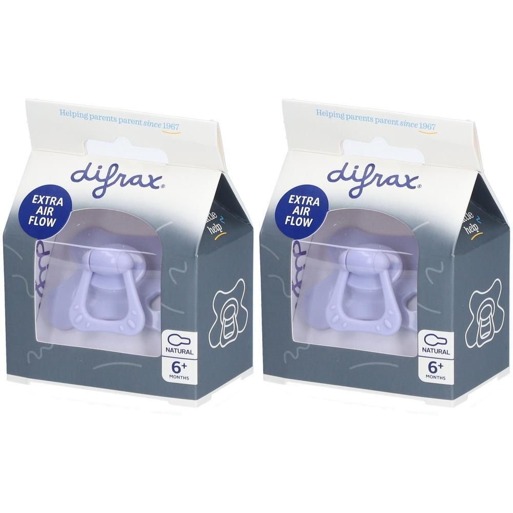 Twee Difrax spenen, paars, voor baby's vanaf 6 maanden, met "Extra Air Flow" functie.