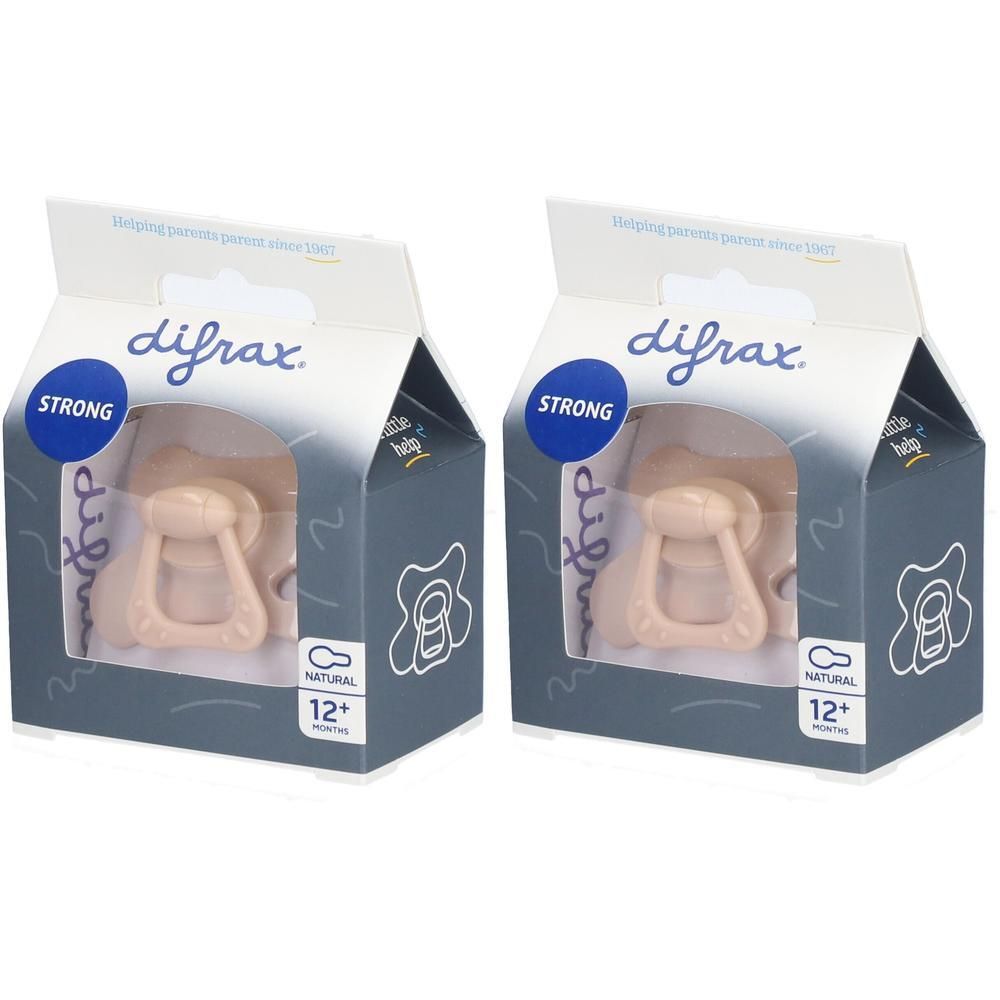 Deux sucettes Difrax "Strong" pour 12+ mois, couleur naturelle.