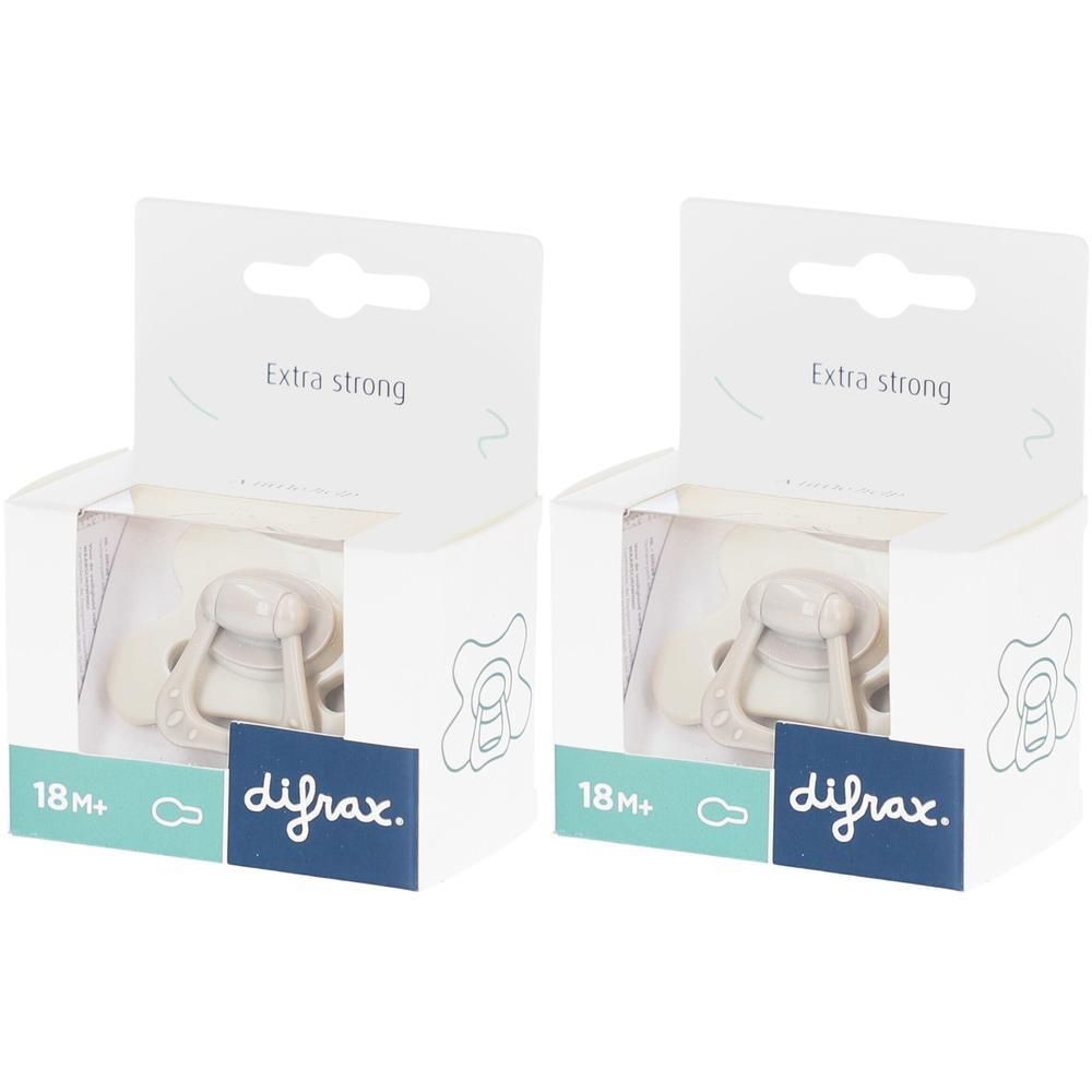 Twee Difrax fopspenen 18M+ Gris-Agathe, verpakt.