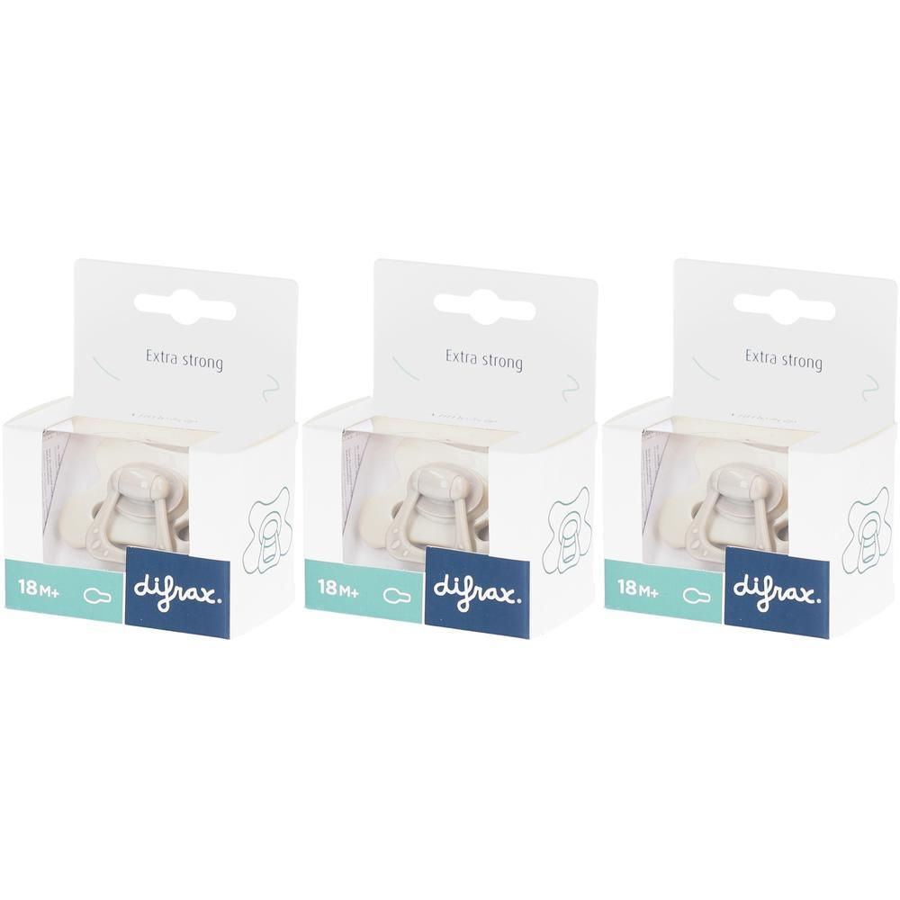 Trois paquets de sucettes Difrax, 18M+, Extra Fort, Gris-Agathe.