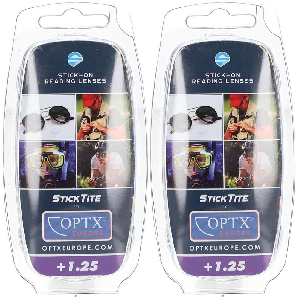Deux paquets de lentilles adhésives pour lecture +1,25 par Optx Europe.
