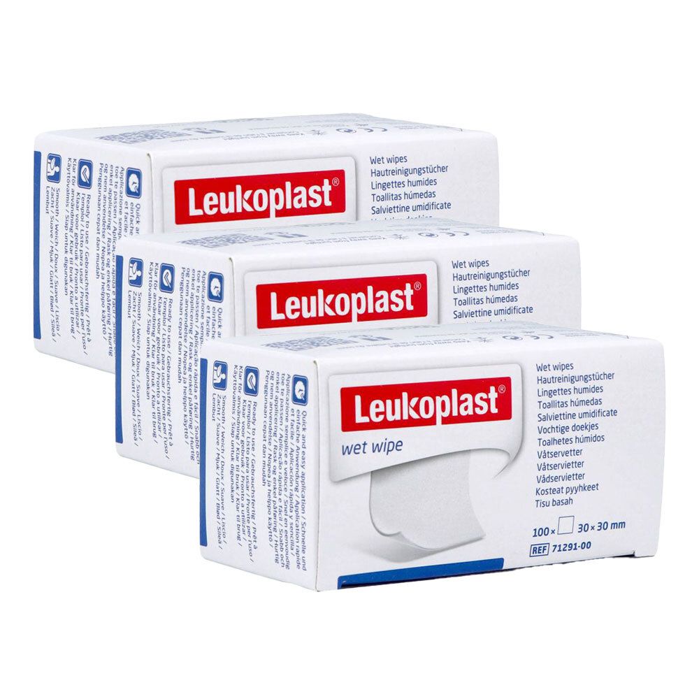 Drie pakken Leukoplast Wet Wipes, vochtige doekjes.