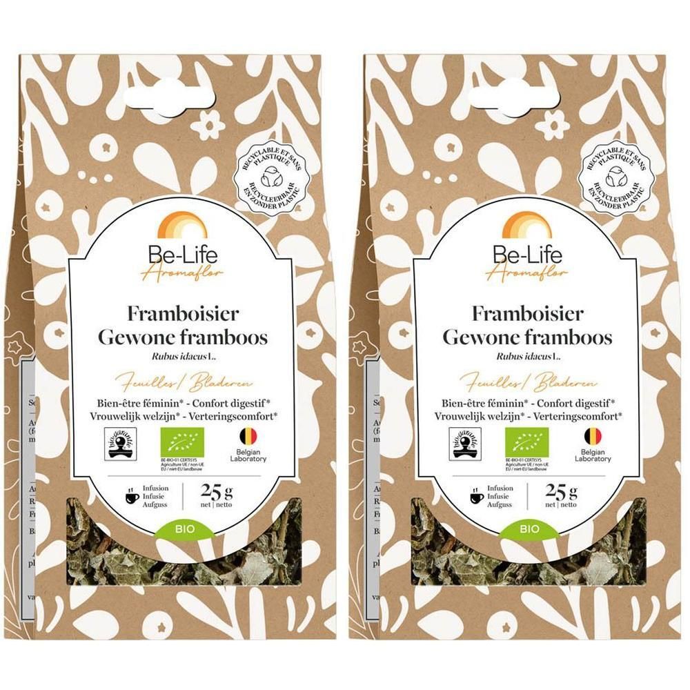 Deux paquets de feuilles de framboisier bio Be-Life Aromaflor, 25g chacun.