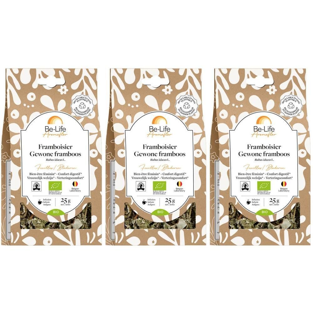 Drie pakken Be-Life Aromaflor biologische frambozenbladthee. 25g per pak.